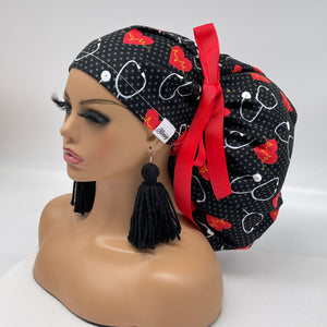 2XL JUMBO PONY Scrub Cap, EKG  cotton fabric surgical nursing hat and satin lining option for Extra long/thick Hair/Locs