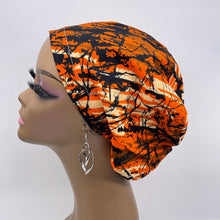 Load image into Gallery viewer, Niceroy Satin Lined surgical SCRUB HAT CAP, Orange Black Fall Europe Euro style nursing caps, healthcare hats protective hair covers, nurse gift.