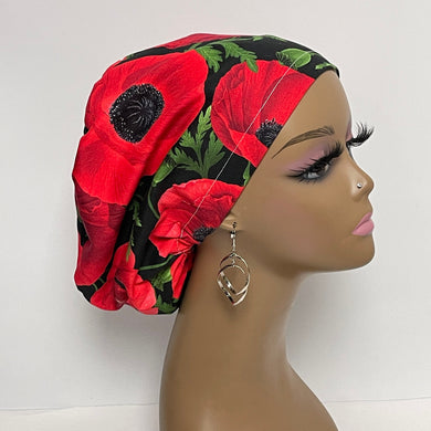 Niceroy Satin Lined Satin Lined surgical SCRUB HAT CAP, Europe style nursing caps red flowers green leaves black cotton fabric and .