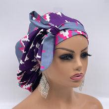 Load image into Gallery viewer, Ponytail PONY SCRUB CAP, purple pink gray white Ankara cotton fabric surgical scrub hat nursing caps, satin lining option for locs/Long Hair