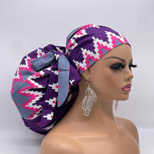 Load image into Gallery viewer, 2XL JUMBO PONY SCRUB Cap,pink, purple gray white Kente cotton fabric surgical nursing hat satin lining option for Extra long/thick Hair/Locs