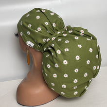 Load image into Gallery viewer, 2XL JUMBO PONY SCRUB Cap, Green White cotton fabric surgical nursing hat satin lining option for Extra long/thick Hair/Locs