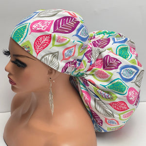 2XL JUMBO PONY SCRUB Cap, colorful leaves Cotton fabric surgical nursing hat satin lining option for Extra long/thick Hair/Locs