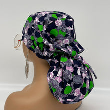 Load image into Gallery viewer, Adjustable Satin Lined PONY SCRUB CAP, Green Purple Black Ankara cotton fabric surgical scrub hat ponytail nursing caps for locs/Long Hair