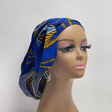 Load image into Gallery viewer, Ponytail SCRUB CAP Royal blue and yellow cotton fabric surgical scrub hat nursing caps, satin lining option for long hair