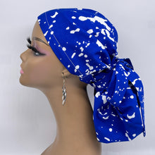 Load image into Gallery viewer, Ponytail hat PONY SCRUB CAP, royal blue white surgical scrub hat pony nursing caps and satin lining option for locs, braid, long hair