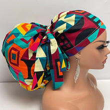 Load image into Gallery viewer, 2XL JUMBO PONY SCRUB Cap, Geometric cotton fabric surgical nursing hat satin lining option for Extra long/thick Hair/Locs