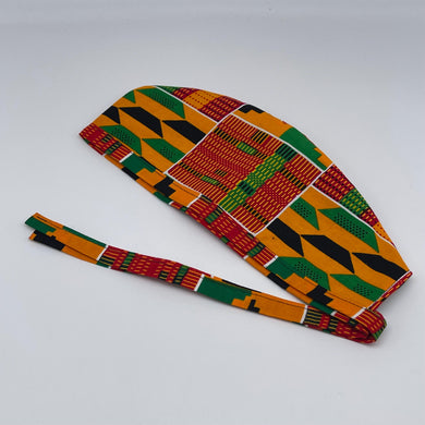 Red yellow green and Black kente unisex pixie Men surgical SCRUB HAT CAP, nursing caps, tie back cap, satin lining option African print hat