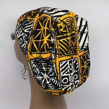 Load image into Gallery viewer, Niceroy Surgical SCRUB CAP cream yellow black Ankara Europe style nursing caps African print fabric and satin lining option.