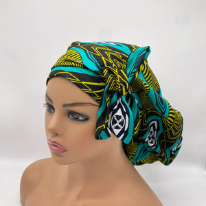 Ponytail Ankara PONY SCRUB CAP, cotton fabric surgical scrub hat pony nursing caps and satin lining option for locs, braid, long hair