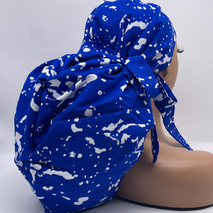 2XL JUMBO PONY Scrub Cap, Royal blue and white surgical nursing hat and satin lining option for Extra long/thick Hair/Locs