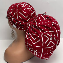 Load image into Gallery viewer, 2XL JUMBO PONY SCRUB Cap, Red and White Tribal cotton fabric surgical nursing hat for Extra long/thick Hair/Locs