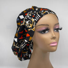 Load image into Gallery viewer, Ponytail hat PONY SCRUB CAP, yellow black brown orange surgical scrub hat nursing caps and satin lining option for locs, braid, long hair