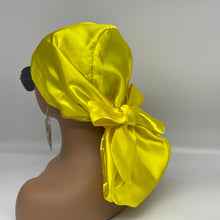 Load image into Gallery viewer, Ponytail Yellow Satin SCRUB HAT CAP, nursing caps,  Pony hat for long hair, locs, braids