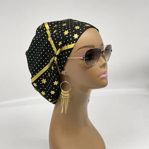 Niceroy surgical SCRUB HAT CAP, Europe style nursing caps black cotton,gold metallic stars fabric,satin lining option