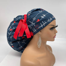 Load image into Gallery viewer, 2XL JUMBO PONY Scrub Cap, EKG  cotton fabric surgical nursing hat and satin lining option for Extra long/thick Hair/Locs