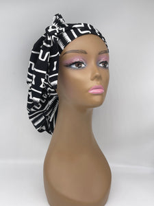 Ponytail PONY SCRUB CAP, black White Ankara cotton fabric surgical scrub hat nursing caps, satin lining option for locs/Long Hair