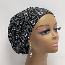 Load image into Gallery viewer, Niceroy Satin Lined Surgical SCRUB CAP black white floral Europe style nursing caps cotton fabric and .