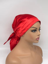 Load image into Gallery viewer, Ponytail PONY SCRUB CAP, red satin fabric surgical scrub hat pony nursing caps and satin lining option for locs /Long Hair