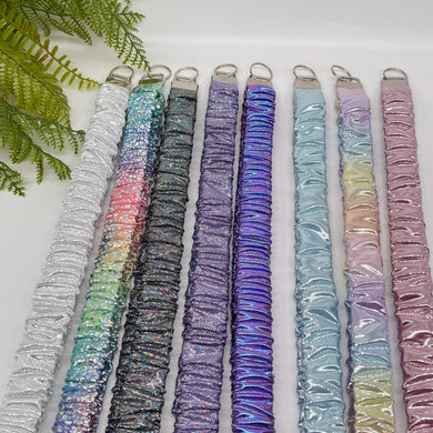 Scrunchie Lanyard Keychain – Handmade Metallic & Iridescent Fabric Set