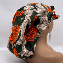 Load image into Gallery viewer, Ponytail SCRUB CAP off orange green floral cotton fabric surgical scrub hat nursing caps, satin lining option for long hair