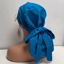 Load image into Gallery viewer, Ponytail SCRUB CAP Caribbean Sea blue cotton fabric surgical scrub hat nursing caps, satin lining option for long hair