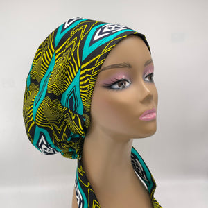 Ponytail Ankara PONY SCRUB CAP, cotton fabric surgical scrub hat pony nursing caps and satin lining option for locs, braid, long hair