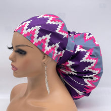 Load image into Gallery viewer, 2XL JUMBO PONY SCRUB Cap,pink, purple gray white Kente cotton fabric surgical nursing hat satin lining option for Extra long/thick Hair/Locs