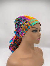 Load image into Gallery viewer, Ponytail Ankara PONY SCRUB CAP, Kente cotton fabric surgical scrub hat pony nursing caps and satin lining option for locs /Long Hair