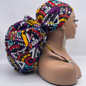 2XL JUMBO PONY Scrub Cap, multicolored tribal surgical nursing hat and satin lining option for Extra long/thick Hair/Locs