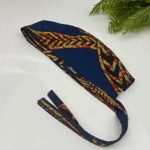 Reversible Navy Blue African Print Scrub Cap: Satin Lined Tie Back Hat