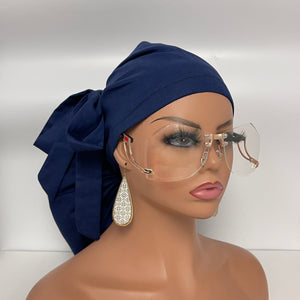 Adjustable 2XL JUMBO PONY Scrub Cap, Navy blue  cotton fabric surgical nursing hat and satin lining option for Extra long/thick Hair/Locs