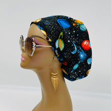 Load image into Gallery viewer, Adjustable surgical OR SCRUB CAP, Solar System night sky Europe style Summer nursing caps  and satin lining option.