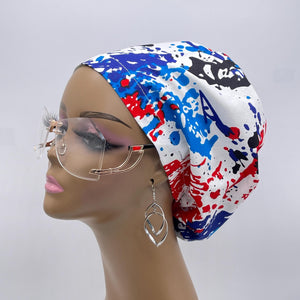 Niceroy SCRUB HAT CAP, red blue white paint splatter Europe Euro style nursing caps, healthcare hats protective hair covers, nurse gift.