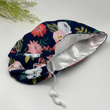 Load image into Gallery viewer, Niceroy Satin LinedSurgical SCRUB HAT CAP, Navy blue  Europe style flowers cotton print fabric Euro hat multicolored floral .