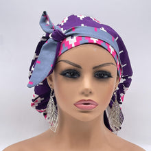 Load image into Gallery viewer, Ponytail PONY SCRUB CAP, purple pink gray white Ankara cotton fabric surgical scrub hat nursing caps, satin lining option for locs/Long Hair