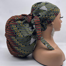 Load image into Gallery viewer, 2XL JUMBO PONY Scrub Cap, brown cream surgical nursing hat and satin lining option for Extra long/thick Hair/Locs
