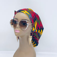 Load image into Gallery viewer, Ponytail satin lined PONY SCRUB CAP, Red Yellow Grey Navy Ankara cotton fabric surgical scrub hat pony nursing caps for locs/Long Hair