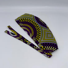 Load image into Gallery viewer, Purple and yellow unisex pixie Men surgical SCRUB HAT CAP, nursing caps, tie back cap, satin lining option African print men scrub cap