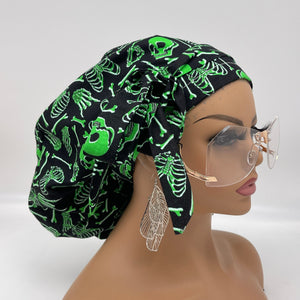 Ponytail PONY SCRUB CAP,  green skeleton glow in the dark cotton Halloween fabric surgical scrub hat, satin lining option for Long Hair