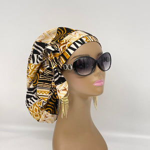 Ponytail PONY SCRUB CAP, black,white and tan Ankara cotton fabric surgical scrub hat nursing caps, satin lining option for locs /Long Hair