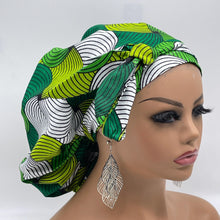 Load image into Gallery viewer, Ankara PONY SCRUB CAP, green and white cotton fabric surgical scrub hat nursing caps and satin lining option for locs /Long