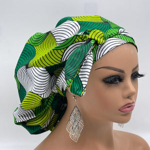 Ankara PONY SCRUB CAP, green and white cotton fabric surgical scrub hat nursing caps and satin lining option for locs /Long