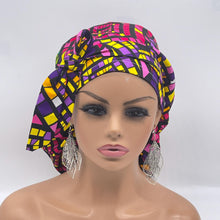 Load image into Gallery viewer, Ponytail PONY SCRUB CAP, multi colored geometric surgical scrub hat pony nursing caps and satin lining option for locs /Long Hair