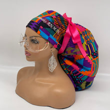 Load image into Gallery viewer, 2XL JUMBO PONY SCRUB Cap,pink, purple Kente cotton fabric surgical nursing hat satin lining option for Extra long/thick Hair/Locs