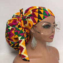 Load image into Gallery viewer, 2XL JUMBO PONY SCRUB Cap, Multicolored Kente Tribal cotton fabric surgical nursing hat for Extra long/thick Hair/Locs