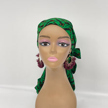 Load image into Gallery viewer, Adjustable Dread Locs and Long braids HAT Cap, Green Ankara pony style scrub nursing caps fabric and satin lining option Hair Cover