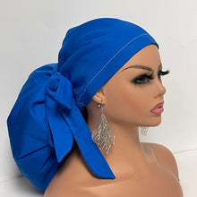 Load image into Gallery viewer, 2XL JUMBO PONY SCRUB Cap, Solid Royal Blue cotton fabric surgical nursing hat satin lining option for Extra long/thick Hair/Locs