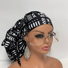Load image into Gallery viewer, 2XL JUMBO PONY SCRUB Cap, Black/White cotton fabric surgical nursing hat satin lining option for Extra long/thick Hair/Locs
