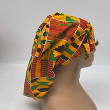 Load image into Gallery viewer, Ponytail Ankara PONY SCRUB CAP, Kente cotton fabric surgical scrub hat pony nursing caps and satin lining option for locs /Long Hair